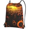 HJFCZH Zaino con cerniera e coulisse con stampa di girasoli, tramonto e mare, leggero, impermeabile, per viaggi, sport e yoga, copertura pieghevole durevole con tasca frontale