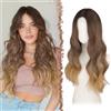 FESHFEN Parrucca Lunga Ondulata - Lace Front Parrucca per Donna Lunghe Ondulate Castano Ombre Biondo Wigs Naturali Sintetici Capelli Parrucche Uso Quotidiano Festa, 60 cm