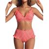 Hanna Nikole Set bikini da donna con graziose balze, scollo a V sexy, effetto push-up, slip a taglio alto, doppie spalline, rosso a quadretti, XL