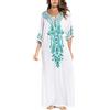 JENJON Donna Corta Manica Cover Up Caftano Floreale Ricamato Laterale Diviso Vestito da Spiaggia Abiti B-Bianco