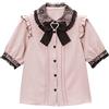 Cuteighteen Camicetta da donna Lolita in pizzo con maniche corte a sbuffo, colletto Peter Pan, gotico, kawaii, vintage, con volant e fiocco, Rosa, M