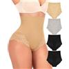 MIOTAN Biancheria intima da donna a vita alta leggera controllo pancia pizzo mutandine da donna copertura completa taglio alto nylon confezione da 4 S-XXL