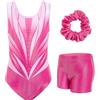JiAmy Body da ginnastica per ragazze scintillante per danza classica, con pantaloncini e elastico, set da 3 pezzi, 3-12 anni, Rosa-2., 6-7 anni