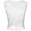 GENEMEN Canottiera da uomo in rete con strass, sexy cropped maglietta rave trasparente, argento, M