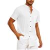 Yutdeng Camicie da Uomo Estate Casual Traspirante Maniche Corte Tinta Unita Camicia da Spiaggia in Cotone e Lino Classico Top Semplice Sciolto Camicie con Risvolto Abbottonato Bianco L
