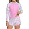 JiAmy Costume da bagno da bambina, due pezzi, a maniche lunghe, con pantaloncini, mezza cerniera, sportivo, con stampa, per bambine da 3 a 12 anni