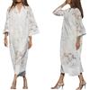 Generic Abito da donna elegante in pizzo bianco con scollo a V maxi abito a due pezzi casual sciolto boho scava fuori all'uncinetto con abito sottoveste in raso, bianco, 4XL