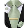 Hi-Tie Set di cravatta in seta da uomo, tessuto formale, con fazzoletto da taschino, gemelli e clip, per matrimonio e lavoro, Verde salvia, M