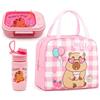 GVMJHYK Capybara Borsa Per Il Pranzo E Bambini Con Bottiglia d'acqua di paglia Capybara e Porta Pranzo,Set Da Pranzo Per La Scuola,Borsa Termica Lunch Bag Al Sacco Cartoni Animati (Pink Capybara 11)