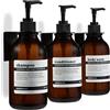 MaisoNovo Dispenser Per Shampoo E Balsamo - Dispenser Per Sapone Da Doccia Con Montaggio A Parete - Set Di 3 Flaconi In Plastica Color Ambra Da 500 ml Con Pompa Nera - 3 Scomparti, Senza Foratura