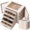 Granbest - Portagioie a 5 livelli con coperchio in vetro, organizer per gioielli ad alta capacità con cassetti e specchio, portagioie in PU per collane, orecchini, anelli, bracciali (bianco)