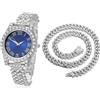 HALUKAKAH Orologio d'oro con Diamanti,Bambino Platino Placcato Oro Bianco 36MM Larghezza Blu Quadrante Quartz 20cm con Catena Cubane40cm Nacklace,Confezione Regalo Gratuita