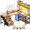 Homieasy Scrivania Gaming 150cm a L LED, Prese, Cassetti, Marrone Rustico