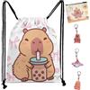 JYJLLM Set di 5 zaini con coulisse Capybara, bustina di tè rosa a bolle 40 x 45 cm con capibara su portamonete e 3 portachiavi casuali per palestra e viaggi