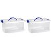 Acan Tradineur - Confezione da 2 scatole portaoggetti trasparenti con manico blu, in plastica, contenitore per libri, vestiti, coperte, n. 24, 17,5 x 38,5 x 23 cm, 10 l