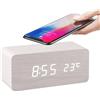 ThreeH Sveglia con ricarica wireless in legno, display a LED e controllo della luminosità, visualizzazione data per comodino/scrivania