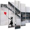 Giallobus - Quadro 5 Pannelli Art Board - Banksy - Bimba Palloncino Rosso - Legno MDF - 140x100
