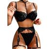 Satohom Donna Set Lingerie Sexy 3 Pezzi Pizzo Reggiseni con Giarrettiero Perizoma e Reggicalze con Girocollo Brasier Mutandine Babydoll con Giarrettiere Reggiseno Pizzo Floreale Taglia Unica