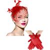 Geyoga Cappello fascinator anni '50 da donna, cappello con velo funebre, pillbox, cocktail, tea party, copricapo e guanto in pizzo, Rosso, M