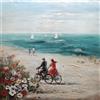 BUBOLA&NAIBO Stampa su tela Bici in spiaggia, azzurro, rosso 100 x 100 cm
