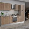 Senza marca Cucina montata Dora rovere chiaro, lavello a sinistra, L 300 cm, completa di: cappa a camino, piano cottura a gas, forno, frigorifero