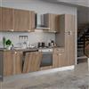 Leroy Merlin Cucina montata Dora rovere chiaro, lavello a sinistra, L 300 cm, completa di: cappa a camino, piano cottura a gas, forno, lavastoviflie, frigorifero