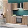 Leroy Merlin Cucina montata Dora rovere chiaro, lavello a destra, L 225 cm, completa di: cappa a camino, piano cottura a gas, forno, frigorifero