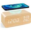 ThreeH Sveglia digitale in legno con funzione di ricarica del telefono, sensore climatizzatore e luce attivata vocale, per casa/ufficio