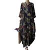 FM2018XSL Abito Patchwork Floreale retrò a Collo Tondo con Maniche Lunghe e Ampia Gonna Lunga Swing per Le Donne, vestibilità Loose e Dimagrante con Maniche a Tre Quarti e Gonna A-Line