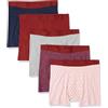 Amazon Essentials Boxer Aderenti in Cotone Traspirante, Senza Etichette Uomo, Confezione da 5, Blu Marino/Blu Scuro Floreale/Grigio Puntinato/Rosa Chiaro Stampa A Losanghe/Rosso, L