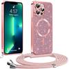 Phoona Glitter Cover per iPhone 13 Pro Max 6,7 con Cordino, Antiurto Silicone Protezione, Compatibile con MagSafe Cover con Cordino, Anti Graffi, Non Ingiallente, Rosa