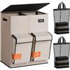 SOLEDI Cesto portabiancheria doppio con coperchio, grande cesto portabiancheria da 180 l, 2 scomparti con 2 tasche laterali, cesto per vestiti sporchi con borsa rimovibile, facile da trasportare per