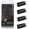Rainway Blackwood - 12 matite Hb nere con 4 gomme, matite Hb con stampa creativa a colori e diamanti, matite in legno per scrivere e disegnare, per studenti, adulti, scuola, ufficio