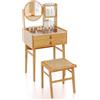 COSTWAY Set Toeletta da Trucco con Specchio Girevole, 2 Cassetti | Tavolo da Toeletta con Ripiani Aperto, Sgabello, Piano in Vetro, Consolle Trucco in Bambù per Camera da Letto, Soggiorno