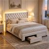 BRILVERDE Letto imbottito 140x190 2 cassetti, Letto matrimoniale con USB e LED, Funzionale con testiera, Struttura letto con rete a doghe, in Velluto (Beige, 140 x 190 cm)