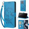 SIENIANLINE Cover per Xiaomi 14T Pro custodia portafoglio Farfalla - Blu | 3 scomparti carte, 1 tasca banconote, Chiusura magnetica, Supporto, Pelle PU flip cover per Xiaomi 14T Pro
