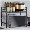 HUOLE Scaffalatura Estensibile Allungabile Porta Microonde in acciaio con Ripiano, Mensola Organizer con Portaspezie e Portaposate da Cucina, Mobiletto con Piedini Antiscivolo-40/64*45*36,5 cm nero