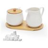 Yuragim Set di latte e zucchero con coperchio e cucchiaio, 5 pezzi, in ceramica, con vassoio in legno, per latte e zucchero, per cucina, caffè, microonde e lavastoviglie (bianco)