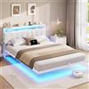 AOGLLATI Letto Matrimoniale, Letto 160x200 cm con Illuminazione a LED e Stazione di Ricarica, Struttura Letto con Testiera Imbottita in PU, Effetto Visivo Levitante, Stile Minimalista, Bianco