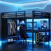 Wyibwy Letto a soppalco Gaming 160x200cm con luce LED,scrivania,letto a castello matrimoniale con armadio a giorno e portaoggetti,struttura letto in metallo,Letti a castello 160x200,senza materasso,nero