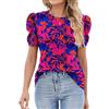 IECCP Camicetta Donna Estate Magliette Puff Pizzo Manica Corta 2025 Estate Top Donne Girocollo Casual Tunica, Rosa Blu Fiori Rossi, L