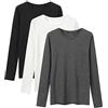 LiKing Maglietta a Maniche Lunghe Donna con Scollo Tondo Cotone Elegante Basic T-Shirt Girocollo a Maniche Lunghe Leggero Top Casual Tee Shirt 3er Pack Nero Bianco Grigio Scuro Small BWG