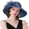 Mealah Cappello Derby in Organza da Donna, a Tesa Larga, per Matrimoni, Chiesa, Kentucky, Tea Party, Estate, Sole, Fascinator, Navy con Decorazione Fiore, M