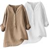 flintronic 2 Pezzi Top in Lino da Donna, T-Shirt a Maniche Lunghe da Donna, Top Elegante Lagenlook Allentato, Camicia da Donna Elegante con Scollo a V