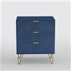 WOBOPCG Comodino a 3 cassetti, Cassettiera con 3 cassetti, Tavolino in legno blu, gambe e maniglie dorate, pannello in venatura verticale