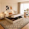 PerGar Letto contenitore matrimoniale 160x200 cm, Letto baule con luce di lettura, testiera doppia, Struttura Letto King Size con Alzata a Gas Idraulica, Letto Imbottito, senza materasso,lino, beige