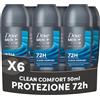 Dove Men+Care Deodorante Roll On Advanced Care Clean Comfort, Deodorante Uomo Antitraspirante, Senza Alcol con 1/4 di Crema Idratante, Protezione Fino a 72 Ore, 6x50ml