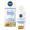 NIVEA SUN Fluido Triple Protection SPF50+ in Tubetto da 40 ml, Crema solare viso 50+ in fluido leggero, Protezione solare viso con Acido Ialuronico e Vitamina E per uso quotidiano