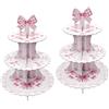 Eidoct Confezione da 2 alzate per torte a 3 livelli con fiocco rosa, elegante supporto per dessert in cartone a 3 ripiani, per decorazioni di compleanno, feste, anniversari, baby shower