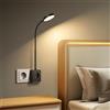 Aigostar Lampada da Lettura LED con Spina e Presa di Corrente, Porte USB e Tipo C, Luce da Parete con Controllo Tattile, 3 Colori di Luce, Dimmabile, Nera